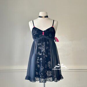 Vintage Betsy Johnson black babydoll slip dress featuring velvet roses pattern